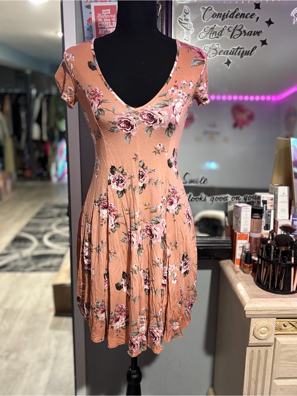 Forever 21 Peach Floral V-Neck Mini Dress